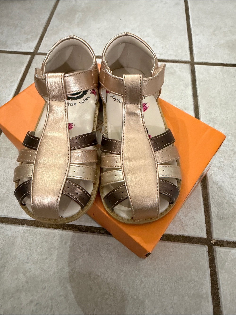 Livie & Luca Metallic Rose Gold and Brown T-Strap Sandals